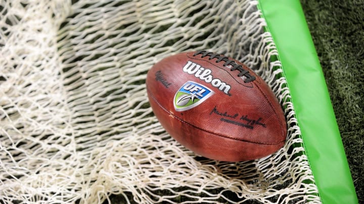 Oct. 8, 2009; Las Vegas, NV, USA; Detailed view of a UFL football during the game between the California Redwoods against the Las Vegas Locomotives in the inaugural United Football League game at Sam Boyd Stadium. Las Vegas defeated California 30-17.  