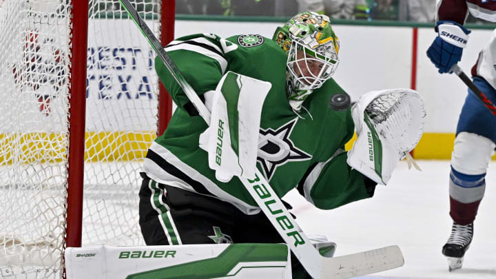 May 15, 2024; Dallas, Texas, USA; Dallas Stars goaltender Jake Oettinger (29) makes a save on a