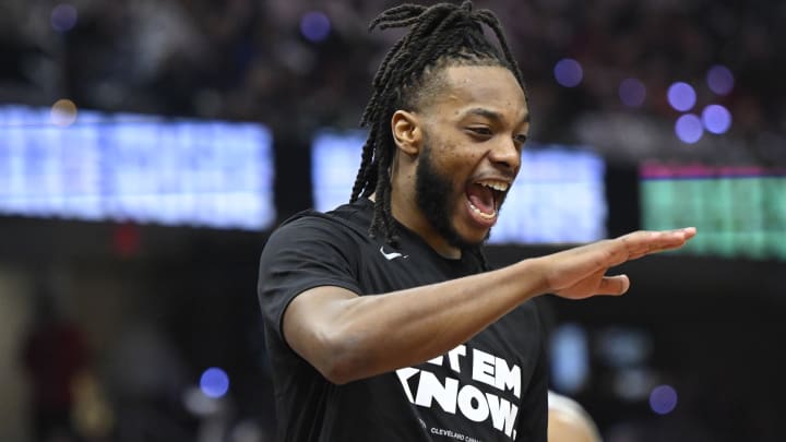 Apr 22, 2024; Cleveland, Ohio, USA; Cleveland Cavaliers guard Darius Garland (10) celebrates in the second quarter against the Orlando Magic during game two of the first round of the 2024 NBA playoffs at Rocket Mortgage FieldHouse. Mandatory Credit: David Richard-USA TODAY Sports
