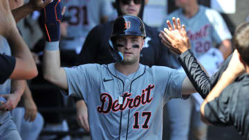 Aug 25, 2024; Chicago, Illinois, USA; Detroit Tigers second base Jace Jung (17) celebrates in the dugout with teammates after scoring during the fifth inning against the Chicago White Sox at Guaranteed Rate Field. Mandatory Credit: Patrick Gorski-USA TODAY Sports