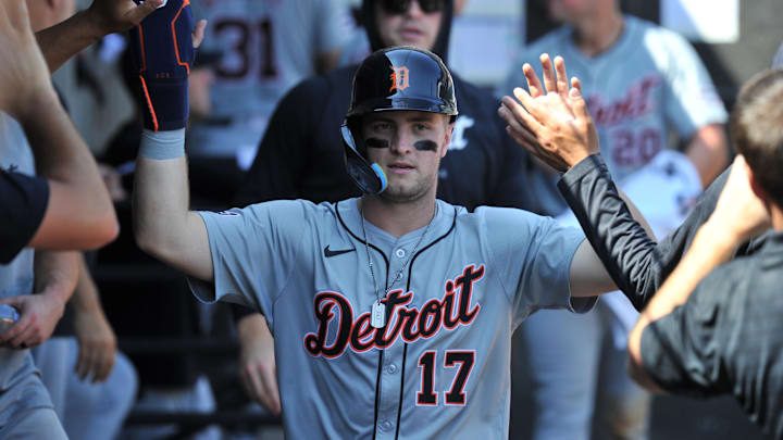 Aug 25, 2024; Chicago, Illinois, USA; Detroit Tigers second base Jace Jung (17) celebrates in the dugout with teammates after scoring during the fifth inning against the Chicago White Sox at Guaranteed Rate Field. Mandatory Credit: Patrick Gorski-USA TODAY Sports