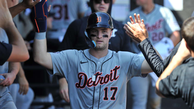 Aug 25, 2024; Chicago, Illinois, USA; Detroit Tigers second base Jace Jung (17) celebrates in the dugout with teammates after scoring during the fifth inning against the Chicago White Sox at Guaranteed Rate Field. Mandatory Credit: Patrick Gorski-USA TODAY Sports