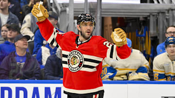 Feb 8, 2025; St. Louis, Missouri, USA;  Chicago Blackhawks defenseman Alec Martinez (25) reacts after scoring against the St. Louis Blues during the third period at Enterprise Center. Mandatory Credit: Jeff Curry-Imagn Images