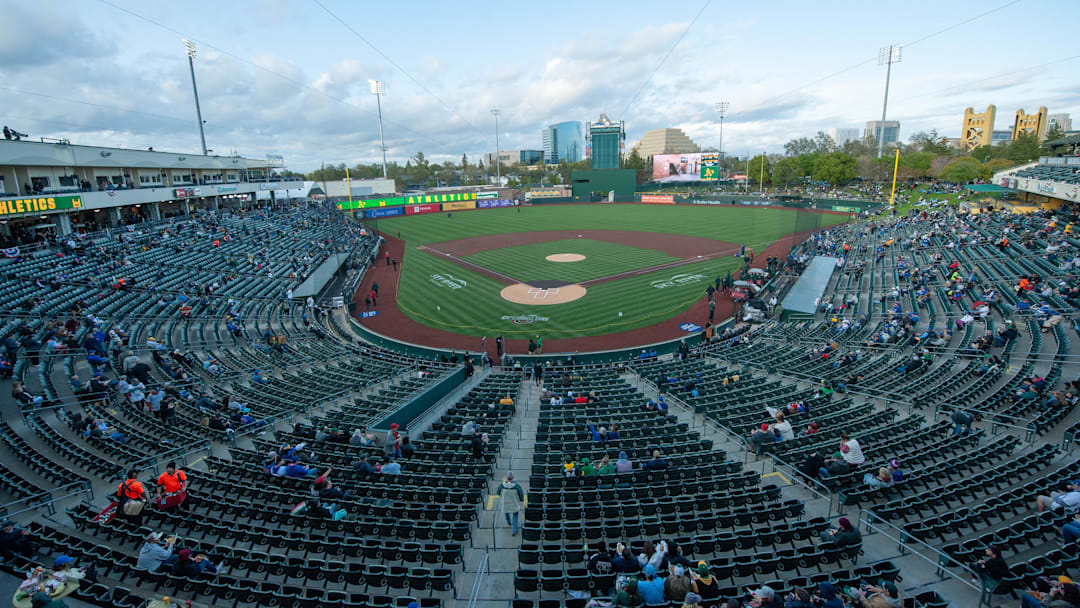 Apr 1, 2025; West Sacramento, California, USA; General view of Sutter Health Park before the game between the Athletics and Chicago Cubs. Mandatory Credit: Ed Szczepanski-Imagn Images