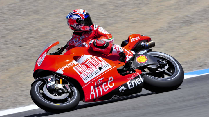 July 3, 2009; Monterey, CA; Moto GP rider Casey Stoner looks behind in the corkscrew during practice for the Red Bull U.S. Grand Prix at Mazda Raceway Laguna Seca.   Mandatory Credit: Matt Kartozian-USA TODAY Sports