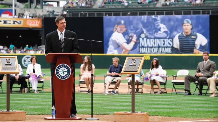 Former Seattle Mariners catcher Dan Wilson speaks to the fans during a team Hall of Fame induction ceremony in 2012 at T-Mobile Park (then Safeco Field).