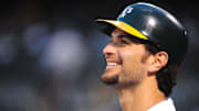 May 19, 2010; Oakland, CA, USA; Oakland Athletics designated hitter Eric Chavez (3) smiles on the on-deck circle during the third inning against Detroit Tigers at Oakland-Alameda County Coliseum. The Tigers defeated the Athletics 5-1. Mandatory Credit: Kyle Terada-Imagn Images