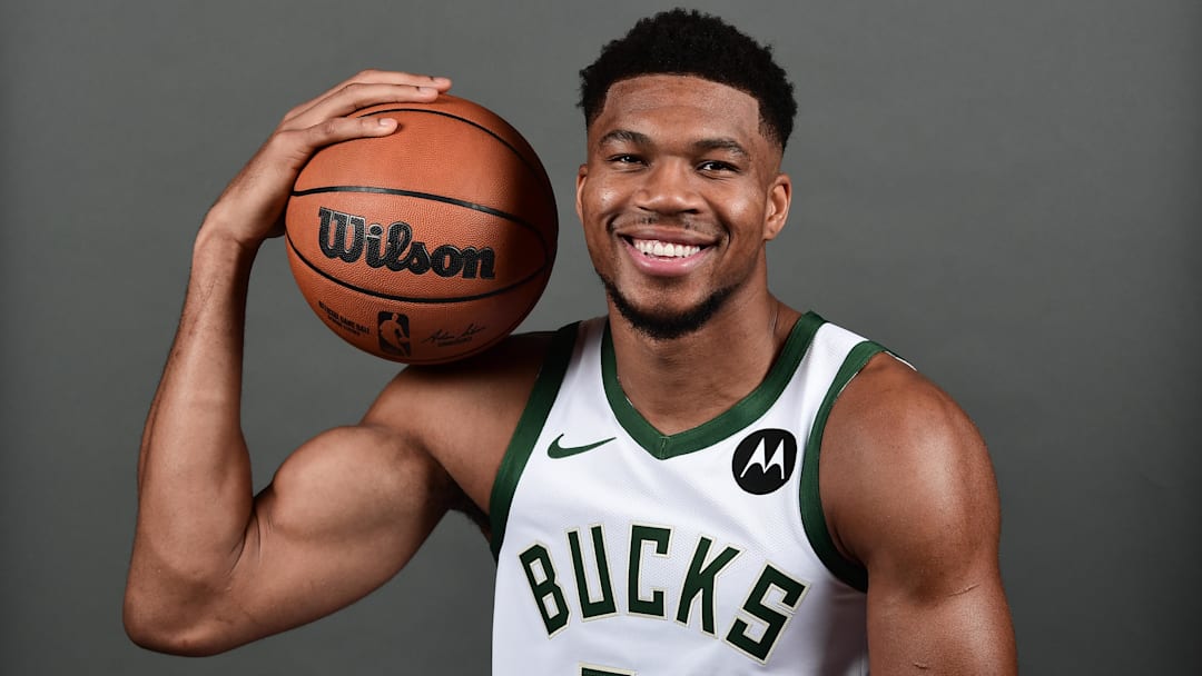 Sep 30, 2024; Milwaukee, WI, USA; Milwaukee Bucks forward Giannis Antetokounmpo (34) during Media Day at Fiserv Forum. Mandatory Credit: Benny Sieu-Imagn Images Sep 30, 2024; Milwaukee, WI, USA; Milwaukee Bucks forward Giannis Antetokounmpo (34) during Media Day at Fiserv Forum. Mandatory Credit: Benny Sieu-Imagn Images