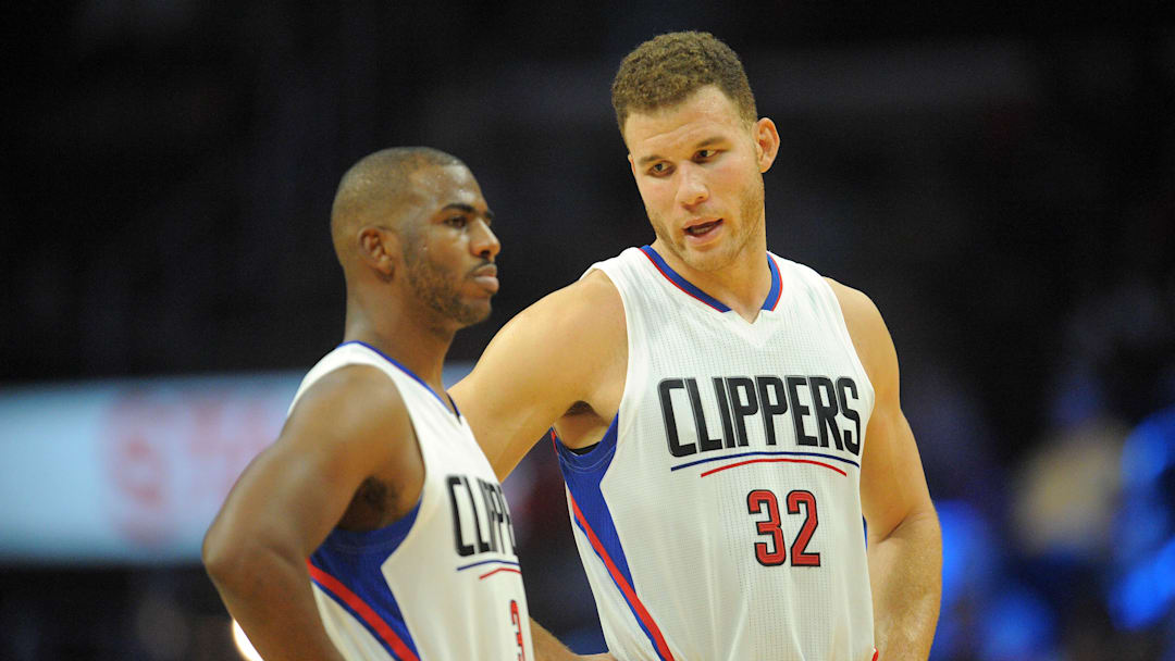 October 31, 2016; Los Angeles, CA, USA;  Los Angeles Clippers forward Blake Griffin (32) speaks with guard Chris Paul (3) during a stoppage in play against the Phoenix Suns during the first half at Staples Center. Mandatory Credit: Gary A. Vasquez-Imagn Images