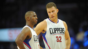 October 31, 2016; Los Angeles, CA, USA;  Los Angeles Clippers forward Blake Griffin (32) speaks with guard Chris Paul (3) during a stoppage in play against the Phoenix Suns during the first half at Staples Center. Mandatory Credit: Gary A. Vasquez-Imagn Images