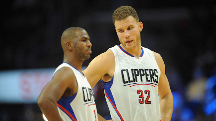 October 31, 2016; Los Angeles, CA, USA;  Los Angeles Clippers forward Blake Griffin (32) speaks with guard Chris Paul (3) during a stoppage in play against the Phoenix Suns during the first half at Staples Center. Mandatory Credit: Gary A. Vasquez-Imagn Images