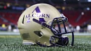 Dec 21, 2019; Atlanta, GA, USA; Detailed view of an Alcorn State Braves helmet on the field before a game against the North Carolina A&T Aggies in the Celebration Bowl at Mercedes-Benz Stadium. Mandatory Credit: Brett Davis-USA TODAY Sports