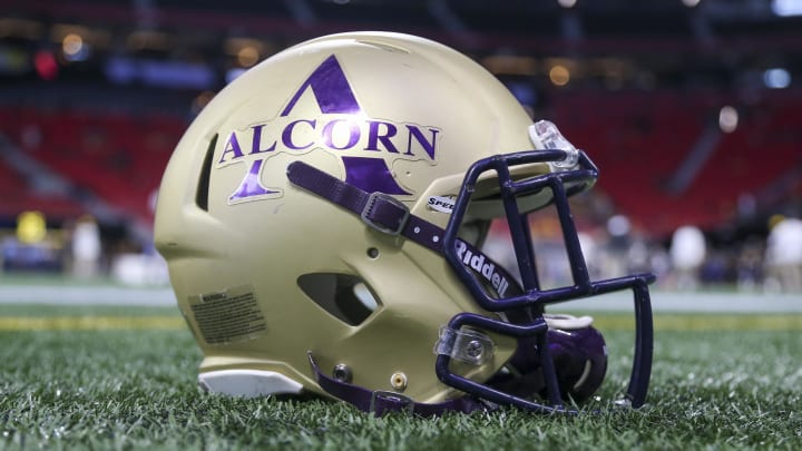 Dec 21, 2019; Atlanta, GA, USA; Detailed view of an Alcorn State Braves helmet on the field before a game against the North Carolina A&T Aggies in the Celebration Bowl at Mercedes-Benz Stadium. Mandatory Credit: Brett Davis-USA TODAY Sports