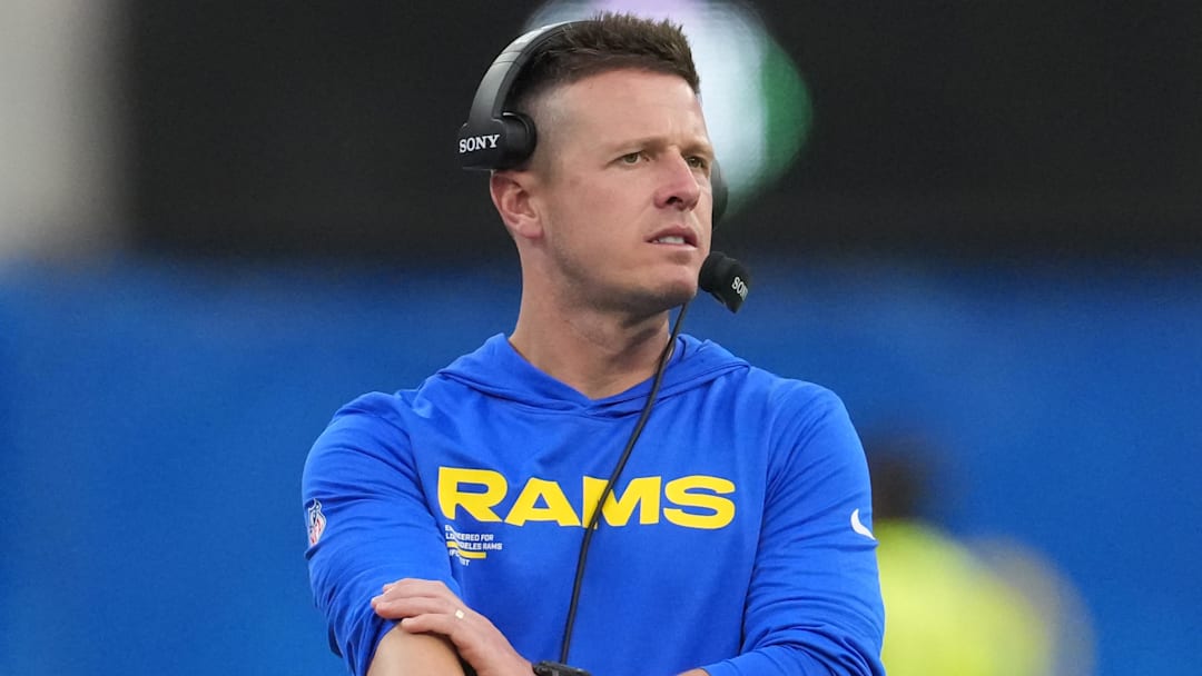 Aug 16, 2025; Inglewood, California, USA; Los Angeles Rams offensive coordinator Mike LaFleur reacts against the Los Angeles Chargers in the second half at SoFi Stadium. Mandatory Credit: Kirby Lee-Imagn Images
