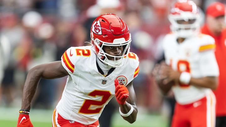Aug 9, 2025; Glendale, Arizona, USA; Kansas City Chiefs wide receiver Tyquan Thornton (2) against the Arizona Cardinals during a preseason NFL game at State Farm Stadium. Mandatory Credit: Mark J. Rebilas-Imagn Images