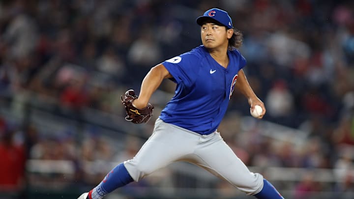 Aug 30, 2024; Washington, District of Columbia, USA; Chicago Cubs pitcher Shota Imanaga (18) delivers a throw during the sixth inning against the Washington Nationals at Nationals Park. Mandatory Credit: Daniel Kucin Jr.-Imagn Images