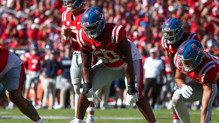 Sep 7, 2024; Oxford, Mississippi, USA; Mississippi Rebels offensive linemen Jayden Williams (50) waits for the snap during the second half  against the Middle Tennessee Blue Raiders at Vaught-Hemingway Stadium. Mandatory Credit: Petre Thomas-Imagn Images