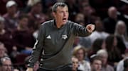 Nov 6, 2025; College Station, Texas, USA; Texas A&M Aggies head coach Bucky McMillan reacts during the second half against the Texas Southern Tigers at Reed Arena. Mandatory Credit: Maria Lysaker-Imagn Images 