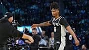 Feb 15, 2025; San Francisco, CA, USA; San Antonio Spurs forward Stephon Castle (5) reacts in the slam dunk competition during All Star Saturday Night ahead of the 2025 NBA All Star Game at Chase Center. Mandatory Credit: Kyle Terada-Imagn Images