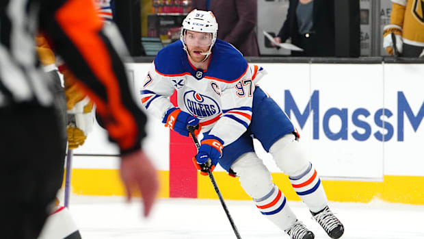 Edmonton Oilers center Connor McDavid skates against the Vegas Golden Knights.
