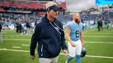 Tennessee Titans interim coach Mike McCoy heads to the locker room after their loss to the Los Angeles Chargers at Nissan Stadium in Nashville, Tenn., Sunday, Nov. 2, 2025.