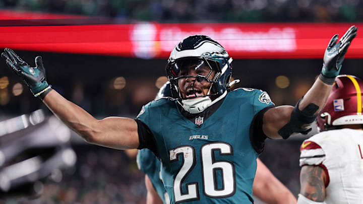 Philadelphia Eagles running back Saquon Barkley celebrates scoring a touchdown. Philadelphia Eagles running back Saquon Barkley celebrates scoring a touchdown.