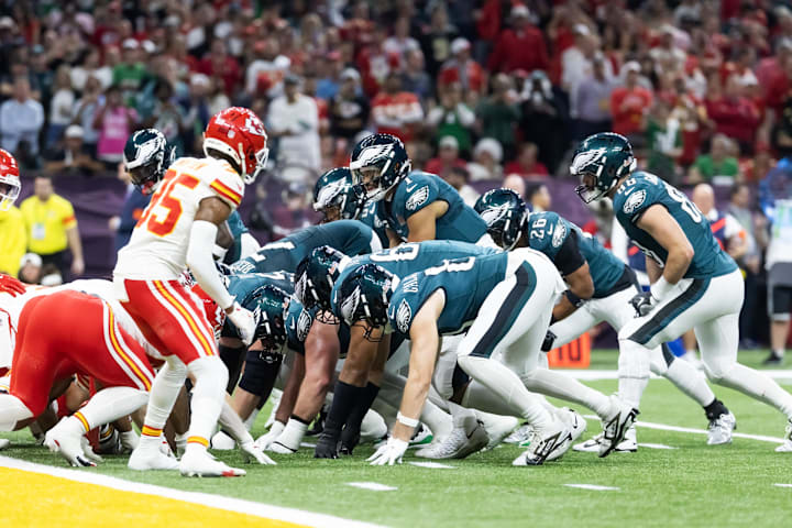  Philadelphia Eagles quarterback Jalen Hurts lines up for the tush push.
