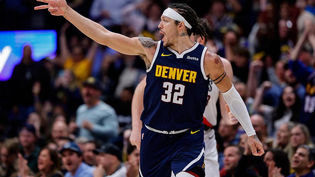 Apr 6, 2026; Denver, Colorado, USA; Denver Nuggets forward Aaron Gordon (32) reacts after a play in overtime against the Portland Trail Blazers at Ball Arena.