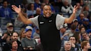 Feb 11, 2024; Memphis, Tennessee, USA; Tulane Green Wave head coach Ron Hunter reacts during the second half against the Memphis Tigers at FedExForum. Mandatory Credit: Petre Thomas-Imagn Images