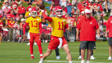 Jul 22, 2024; St. Joseph, MO, USA; Kansas City Chiefs Kansas City Chiefs quarterback Carson Wentz (11) throws a pass during training camp at Missouri Western State University. Mandatory Credit: Denny Medley-USA TODAY Sports