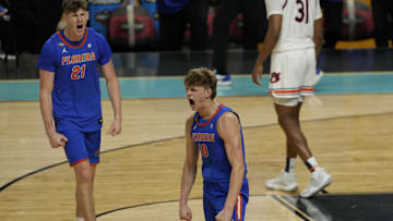 Apr 5, 2025; San Antonio, TX, USA; Florida Gators forward Thomas Haugh (10) reacts after a basket against the Auburn Tigers during the second half in the semifinals of the men's Final Four of the 2025 NCAA Tournament at Alamodome. Mandatory Credit: Scott Wachter-Imagn Images

