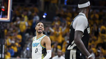 Indiana Pacers guard Tyrese Haliburton celebrates a made basket in the second half against the Milwaukee Bucks at Gainbridge Fieldhouse on Saturday.