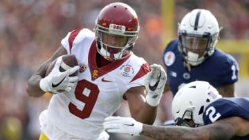 January 2, 2017; Pasadena, CA, USA; Southern California Trojans wide receiver JuJu Smith-Schuster (9) runs the ball against the Penn State Nittany Lions during the first half of the 2017 Rose Bowl game at the Rose Bowl. Mandatory Credit: Gary A. Vasquez-USA TODAY Sports