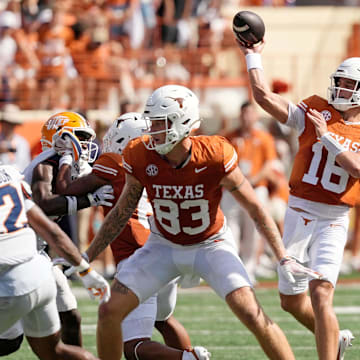 Sep 13, 2025; Austin, Texas, USA; Texas Longhorns quarterback Arch Manning (16) passes the ball during the first half against the Texas El Paso Miners at Darrell K Royal-Texas Memorial Stadium. Mandatory Credit: Scott Wachter-Imagn Images