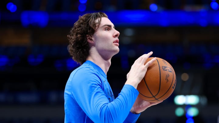 May 11, 2024; Dallas, Texas, USA; Oklahoma City Thunder guard Josh Giddey (3) warms up before game three of the second round for the 2024 NBA playoffs against the Dallas Mavericks at American Airlines Center. Mandatory Credit: Kevin Jairaj-USA TODAY Sports