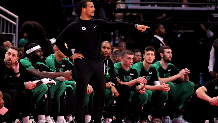 Jan 3, 2025; Houston, Texas, USA; Boston Celtics head coach Joe Mazzulla on the sideline against the Houston Rockets during the first quarter at Toyota Center. Mandatory Credit: Erik Williams-Imagn Images