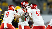 Oct 25, 2025; Tempe, Arizona, USA; Houston Cougars quarterback Conner Weigman (1) against the Arizona State Sun Devils in the second half at Mountain America Stadium. Mandatory Credit: Mark J. Rebilas-Imagn Images