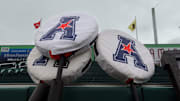 Nov 7, 2015; New Orleans, LA, USA; The American Athletic Conference logo at Yulman Stadium before the game between the Tulane Green Wave and the Connecticut Huskies. Mandatory Credit: Chuck Cook-Imagn Images