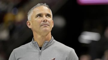 Mar 9, 2024; Tallahassee, Florida, USA; Florida State Seminoles head football coach Mike Norvell accepts the Bear Bryant coach of the Year award during a media timeout of a basketball game against the Miami Hurricanes at Donald L. Tucker Center. Mandatory Credit: Melina Myers-USA TODAY Sports