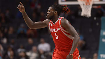 Feb 9, 2017; Charlotte, NC, USA; Houston Rockets forward center Montrezl Harrell (5) reacts after scoring in the closing seconds of the game at the Spectrum Center. Rockets win 107-95.