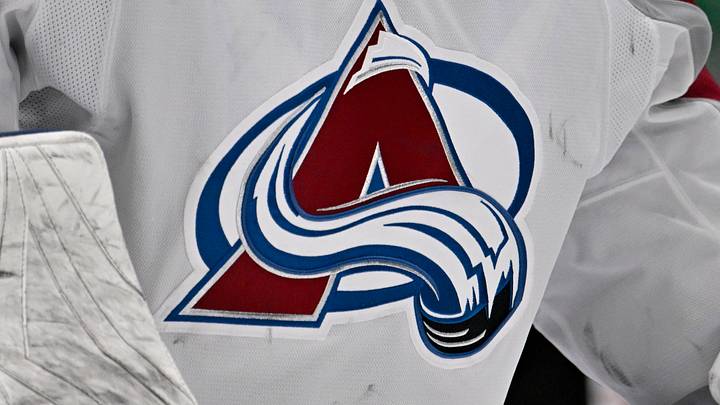 Nov 29, 2024; Dallas, Texas, USA; A view of the Avalanche logo on the jersey of Colorado goaltender Alexandar Georgiev (40) during the game between the Dallas Stars and the Colorado Avalanche at American Airlines Center. Mandatory Credit: Jerome Miron-Imagn Images