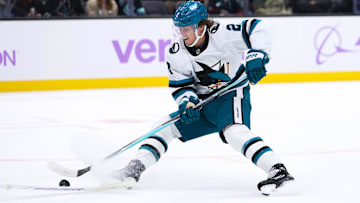 Nov 15, 2025; Seattle, Washington, USA;  San Jose Sharks center Will Smith (2) controls the puck in the second period against the Seattle Kraken at Climate Pledge Arena. Mandatory Credit: Kevin Ng-Imagn Images