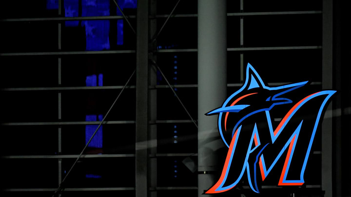 Sep 11, 2020; Miami, Florida, USA; A general view of a illuminated Miami Marlins logo in center