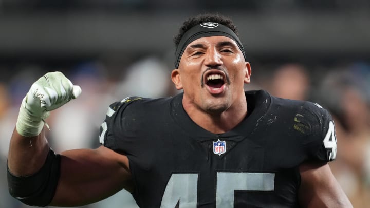 Dec 4, 2022; Paradise, Nevada, USA; Las Vegas Raiders fullback Jakob Johnson (45) celebrates after the Raiders defeated the Los Angeles Chargers 27-20 at Allegiant Stadium. Mandatory Credit: Stephen R. Sylvanie-USA TODAY Sports