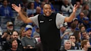 Feb 11, 2024; Memphis, Tennessee, USA; Tulane Green Wave head coach Ron Hunter reacts during the second half against the Memphis Tigers at FedExForum.
