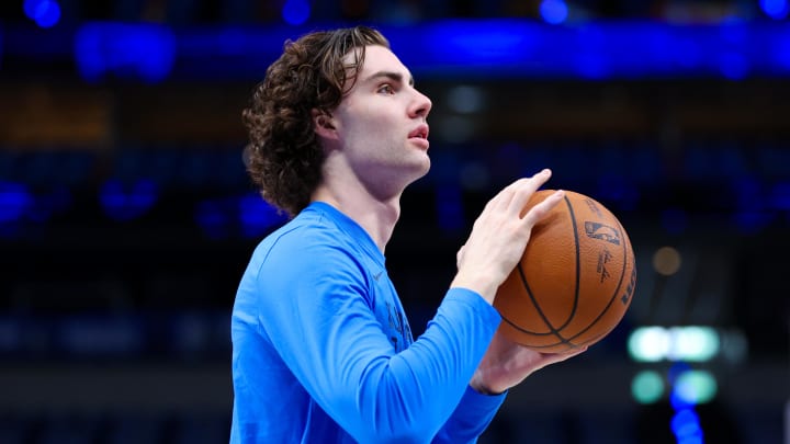 May 11, 2024; Dallas, Texas, USA; Oklahoma City Thunder guard Josh Giddey (3) warms up before game three of the second round for the 2024 NBA playoffs against the Dallas Mavericks at American Airlines Center. Mandatory Credit: Kevin Jairaj-USA TODAY Sports
