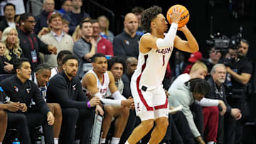 Mar 27, 2025; Newark, NJ, USA; Alabama Crimson Tide guard Mark Sears (1) shoots the ball during the second half against the Brigham Young Cougars during an East Regional semifinal of the 2025 NCAA tournament at Prudential Center. Mandatory Credit: Robert Deutsch-Imagn Images