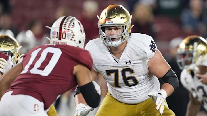 Nov 27, 2021; Stanford, California, USA; Notre Dame Fighting Irish offensive lineman Joe Alt (76)