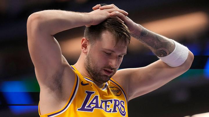 Jan 12, 2026; Sacramento, California, USA; Los Angeles Lakers guard Luka Doncic (77) reacts after being fouled against the Sacramento Kings in the second quarter at the Golden 1 Center. Mandatory Credit: Cary Edmondson-Imagn Images