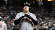 San Francisco Giants first baseman Wilmer Flores celebrates after hitting a solo home run in the third inning against the Arizona Diamondbacks at Chase Field. 